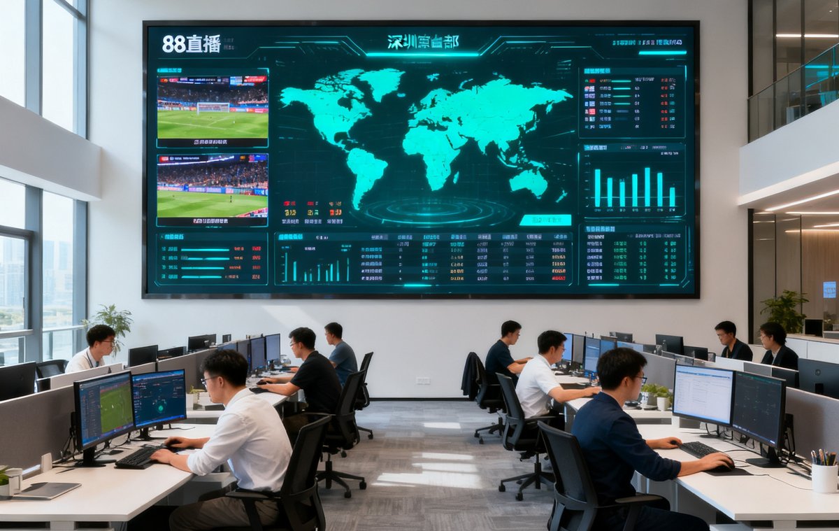 88直播深圳总部开放式办公区实景，宽敞明亮的空间内数十名员工在工位上专注工作，正面墙上悬挂着巨大的实时数据监控屏幕，显示全球赛事直播状态。
