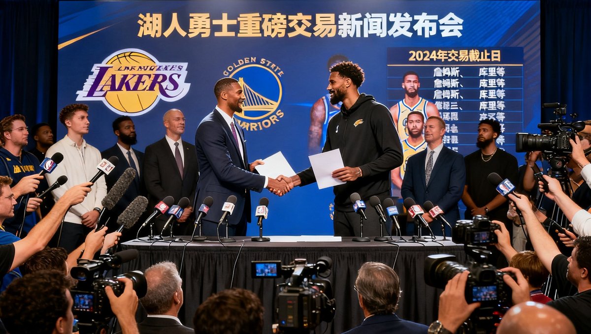 NBA交易截止日前夕湖人队与勇士队完成一笔涉及多名球员的重磅交易，球员交换瞬间的新闻发布画面。